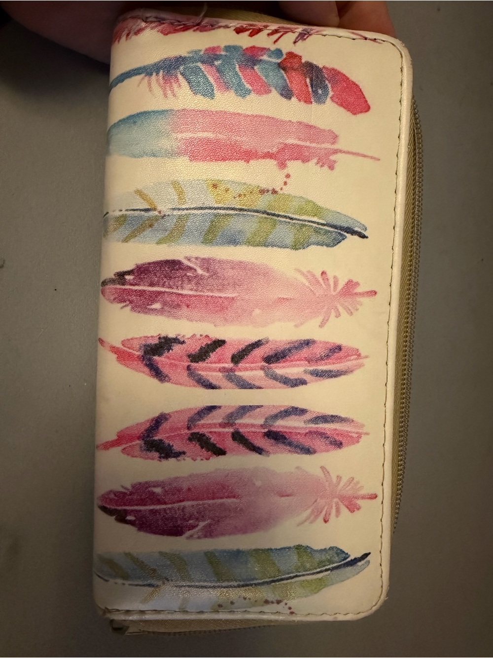 Cream Wallet with Watercolor Feather Print